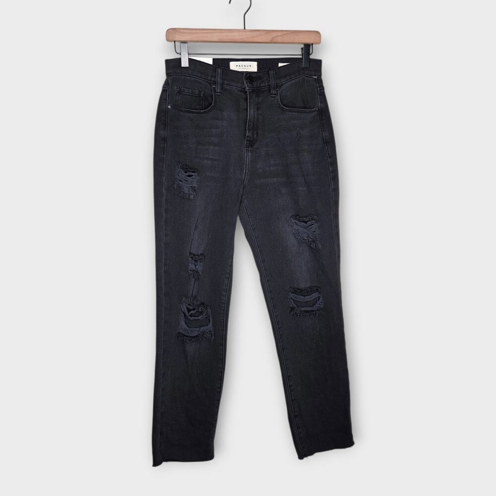 NEW Pacsun Womens Black Vintage Distressed Icon Mom Jeans Sz 27 Straight Leg